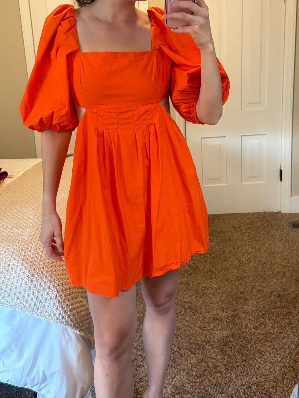 Bright Orange Puff-Sleeve Mini Dress